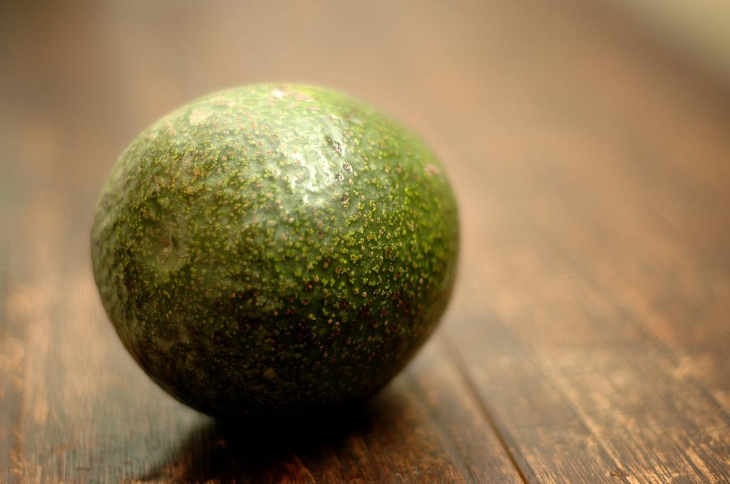 Avocado 'Reed' fruit, round with dark green, finely speckled skin, resting on a rustic wooden surface with a softly blurred background.