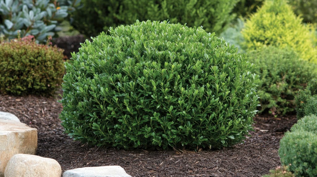 Buxus 'Green Gem' (boxwood), a dense rounded evergreen shrub with small glossy green leaves, growing in dark bark mulch beside stone edging.
