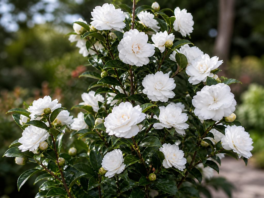 Camellia sasanqua 'Avalanche' shrub covered in double white flowers and round buds among glossy dark green leaves, in a garden.