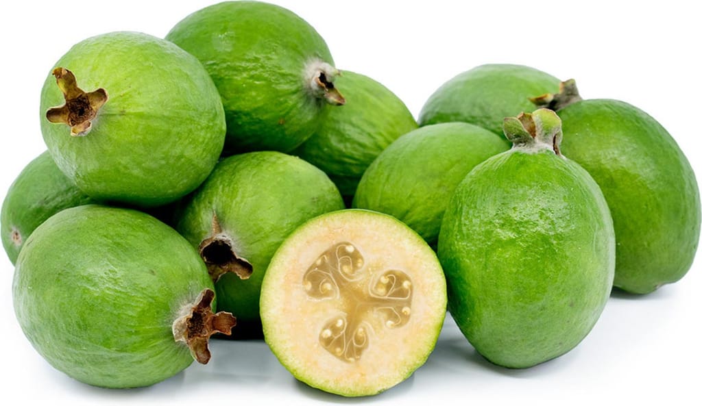 Feijoa sellowiana 'Opal Star' feijoa fruit, a pile of green oval fruit with one halved to show pale flesh and a jelly-like seed centre.