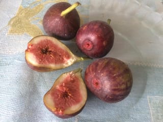 Ficus carica 'Brown Turkey' fig fruit: three whole purple-brown figs and two halves showing pink-red flesh, on a pale blue cloth.