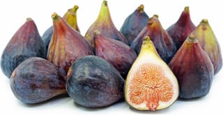 Fig 'Sweet Black' fruit with dark purple skin and green-yellow necks, one halved to show pale flesh and orange-pink centre.