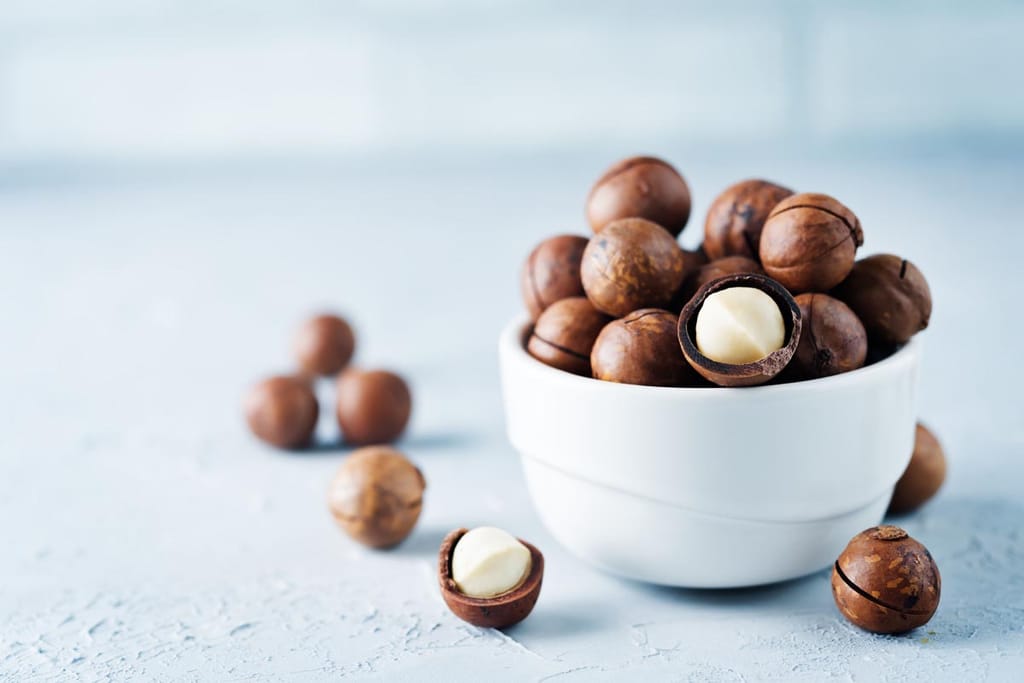 Macadamia 'GT205' nuts in brown shells heaped in a white bowl, with a cracked shell showing creamy kernel and loose nuts on a pale blue surface.