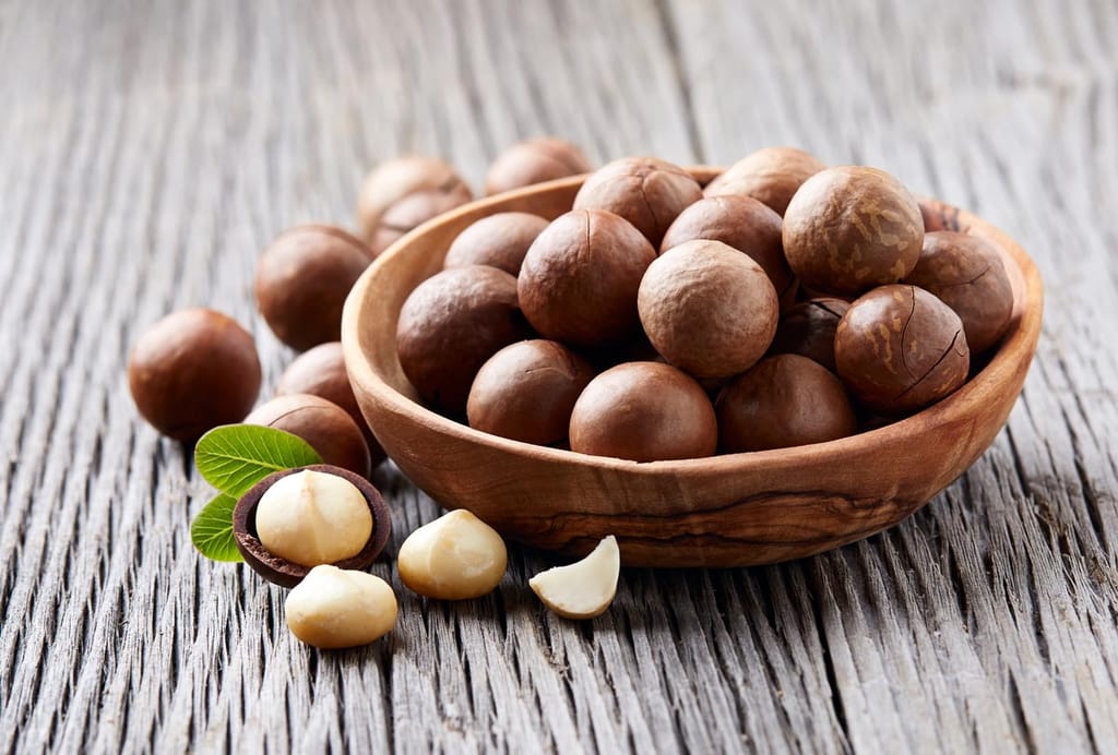 Macadamia 'GT207' nuts in their round brown shells in a wooden bowl, with cracked kernels and green leaves on weathered timber.