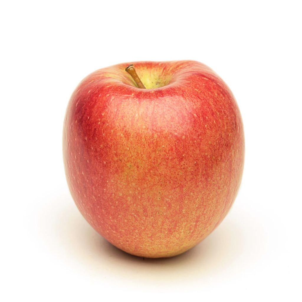 Apple 'Braeburn' fruit, a single apple with red-orange streaked skin over yellow-green, short brown stalk, on a plain white background.