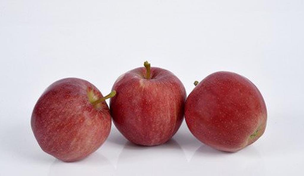 Three red Malus domestica 'Galaxy' apples with short green stems, sitting in a row against a plain white background.