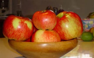 Apple 'Monty's Surprise' fruit piled in a wooden bowl on a kitchen bench, with red-striped skin over yellow-green and a lime nearby.