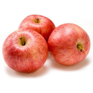 Three ripe Apple 'Royal Gala' fruit with red-streaked, yellow-flushed skin and short stalks, grouped against a plain white background.