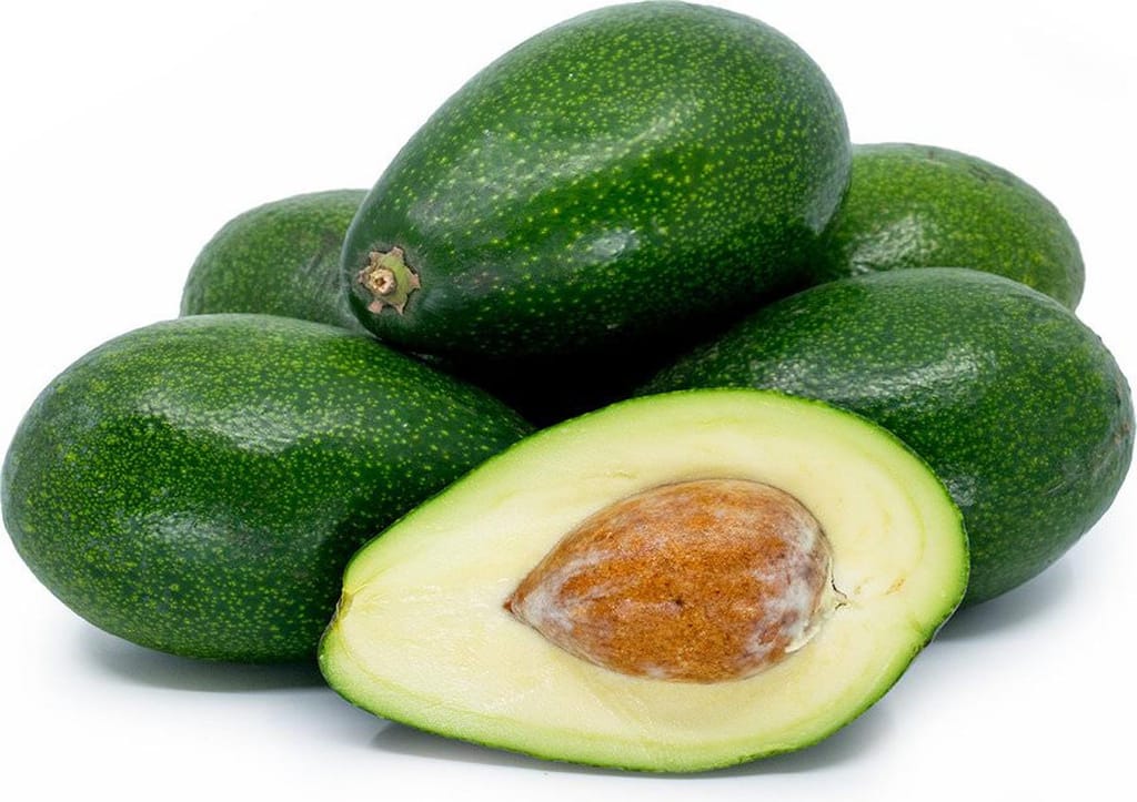 Avocado 'Bacon' fruit, a pile of smooth dark green avocados with a halved one showing pale yellow-green flesh and a brown seed.