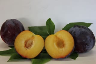 Plum 'Fortune' Japanese plum, a halved fruit showing amber flesh beside two whole dark purple plums on green leaves.