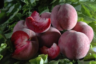 Peach 'Black Boy' fruit with dusky purple-red skin, some cut open to show deep wine-red flesh, piled on green leaves.