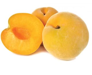Peach 'Golden Queen' fruit: two whole yellow-orange peaches with soft fuzzy skin beside a halved peach showing orange flesh, on white.
