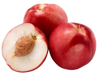 Nectarine 'Queen Giant' fruit, two whole with smooth crimson-red skin and one halved, showing white flesh and a brown stone.