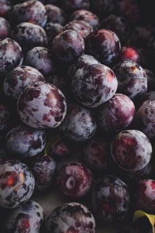 Plum 'Black Doris' (Japanese Plum) fruit piled together, dark purple-black skins with a dusty blue bloom and patches of red showing through.