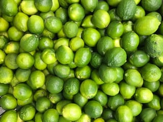 Citrus lime 'Bearss' (Persian Lime) fruit, a densely packed pile of round to oval green limes with smooth, slightly glossy skin.