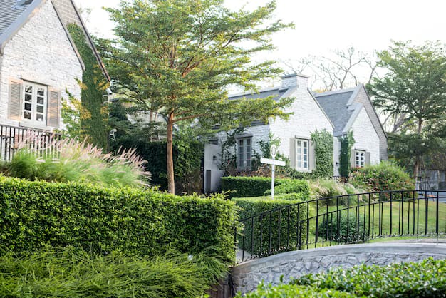 Charming stone cottage with lush greenery, showcasing home gardening tree ideas. A picturesque scene with trees for home gardens, perfect inspiration for your backyard.