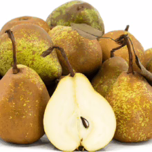 Pile of ripe ‘Williams’ Bon Chrétien/Winter Nelis’ pears, showcasing their brown-green speckled skin, some cut open to reveal creamy white flesh and seeds