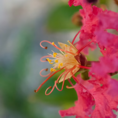 Lagerstroemia indica ‘Yang-Tse’ flower close-up: vibrant pink petals surround a yellow-white center with delicate, curled stamens