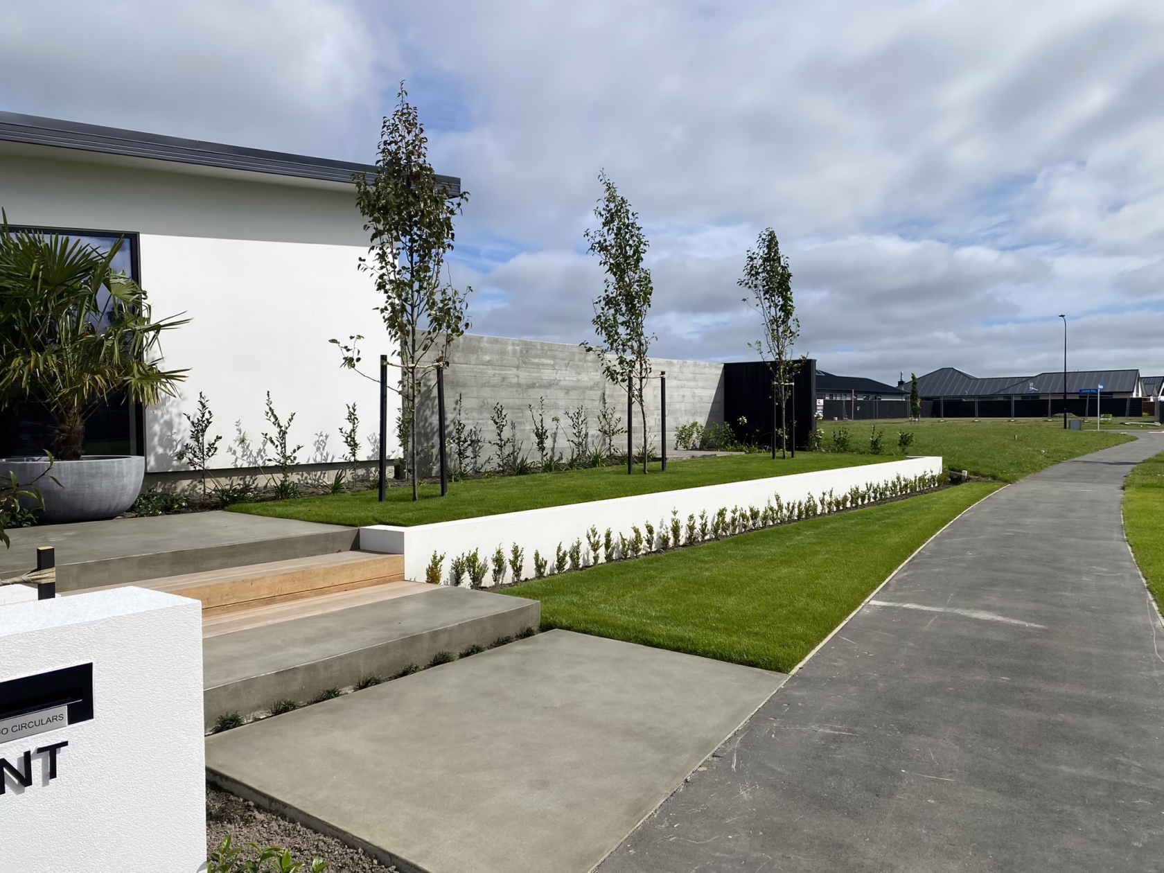 Modern landscape design featuring Pyrus calleryana 'Slim Jim' trees lining a concrete wall. A lush green lawn and pathway lead to the contemporary home. The design showcases clean lines and minimalist aesthetics.