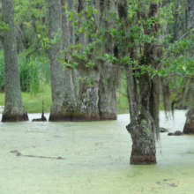 Swamp scene with cypress trees rising from algae-covered water, draped in Spanish moss. Lush green vegetation in the background creates a serene, slightly mysterious, Louisiana bayou landscape.