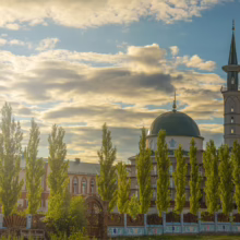Mosque with green dome and tall minaret under a cloudy sky. Trees line the fence in front of the brick and white building.
