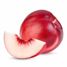 A ripe, juicy red nectarine sits beside a fresh slice, revealing its creamy white flesh and deep red pit. The nectarine's smooth skin gleams, promising a sweet and tangy taste.
